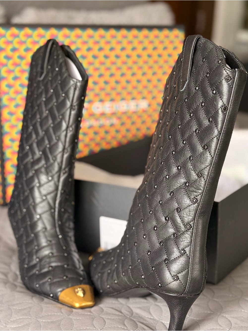 Kurt Geiger Full Leather Quilted Pointed Toe Booties with Gold Caps - Black - Picture 4 of 10